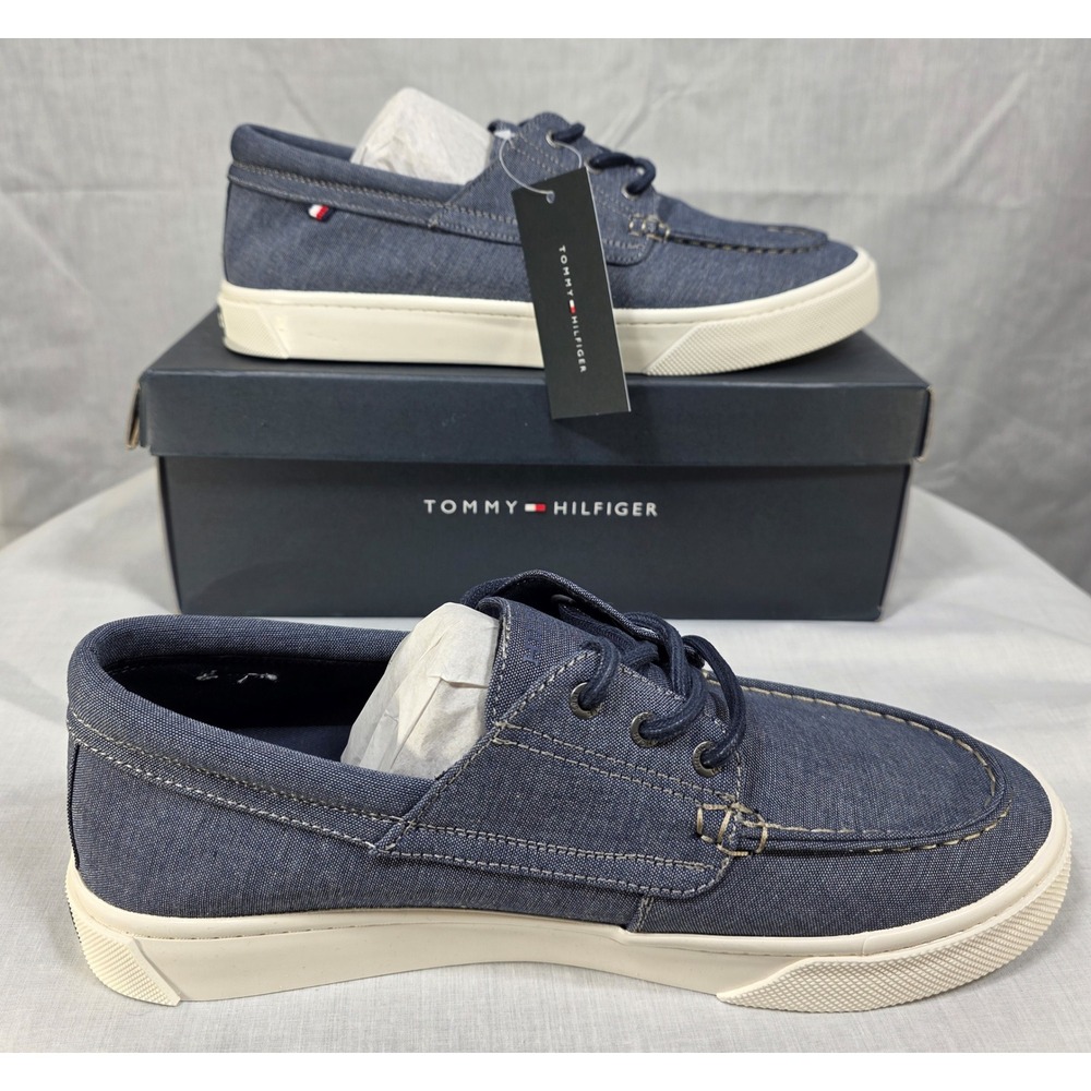 Tommy Hilfiger Men's Canvas Boat Shoes Navy Blue Lace Up Loafers - Picture 3 of 15